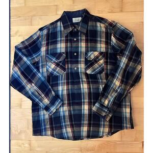 70s 80s SEARS FLANNEL WORK SHIRT VTG PLAID BUTTON UP GRUNGE MENS Large 16-16.5
